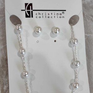 PEARL NECKLACE & Earring Set, w/silver chain